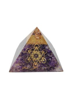 Pyramide Orgonite en Améthyste avec symbole metatron - L. 10 cm