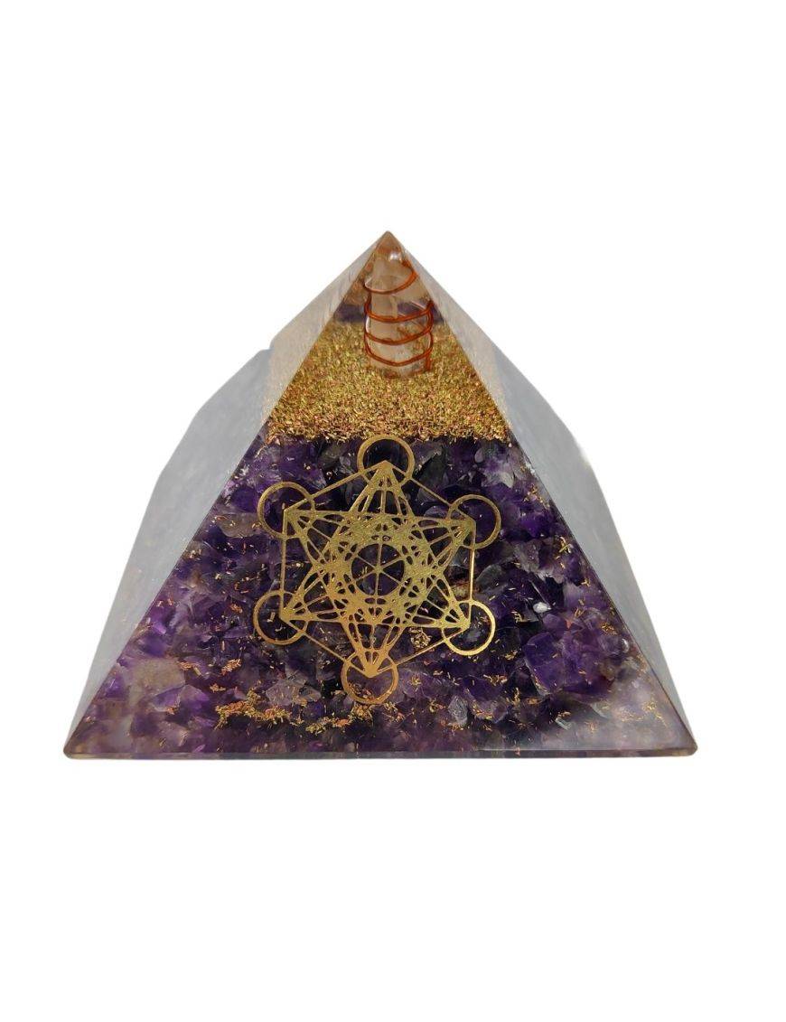 Pyramide Orgonite en Améthyste avec symbole metatron - L. 8 cm