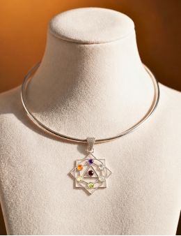 Pendentif Octogramme 7 chakras - argent et pierres