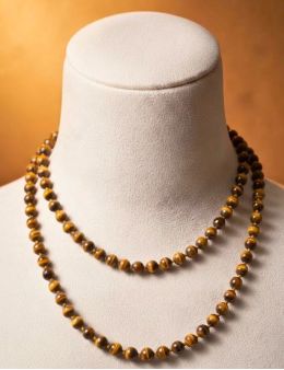 Collier perles rondes oeil de tigre avec cordon et fermoir - 108 cm