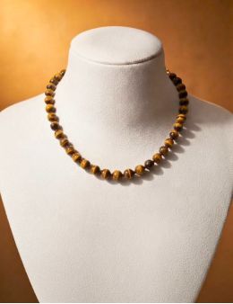 Collier perles rondes - Oeil de Tigre - 40 cm - cordon et fermoir