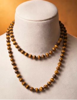 Collier perles rondes - Oeil de Tigre - 80 cm - cordon et fermoir