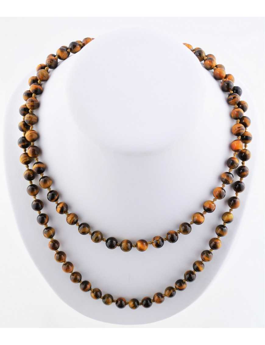 Collier 108 cm perles rondes oeil de tigre avec cordon et fermoir Collier 108 cm perles rondes oeil de tigre avec cordon et fermoir