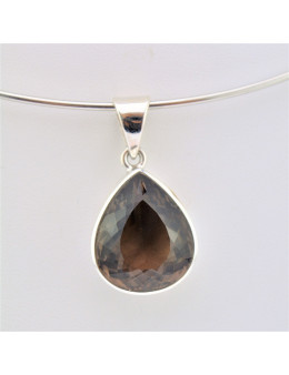 Pendentif argent goutte quartz fumé facettée